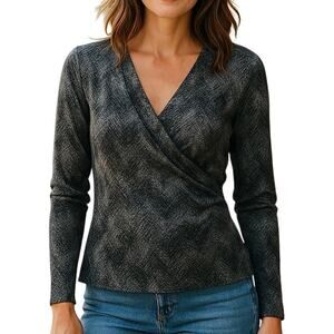 Vtg Chicos Travelers Black Slinky Liquid Knit Faux Wrap Top XL 3 Girl Boss USA